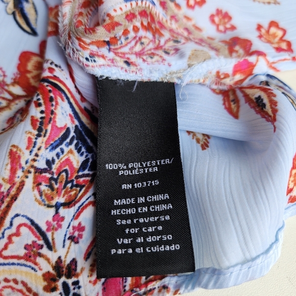 Zac & Rachel Light Blue Red Paisley Top  V-Neck Tunic Blouse Satin Bell Flare M - Picture 6 of 11